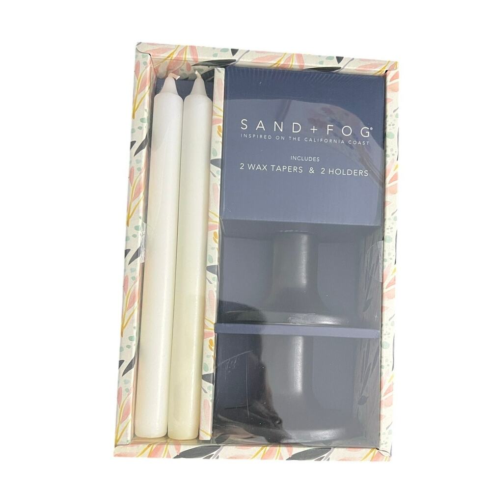 Sand + Fog Two Wax Tapers and Two Candle Holders Black NIB